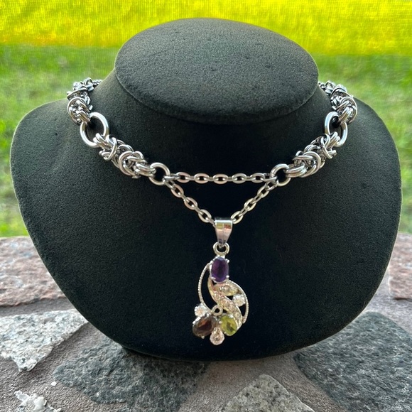 Handmade maille links stainless steel chains + sterling silver amethyst peridot - Picture 12 of 16
